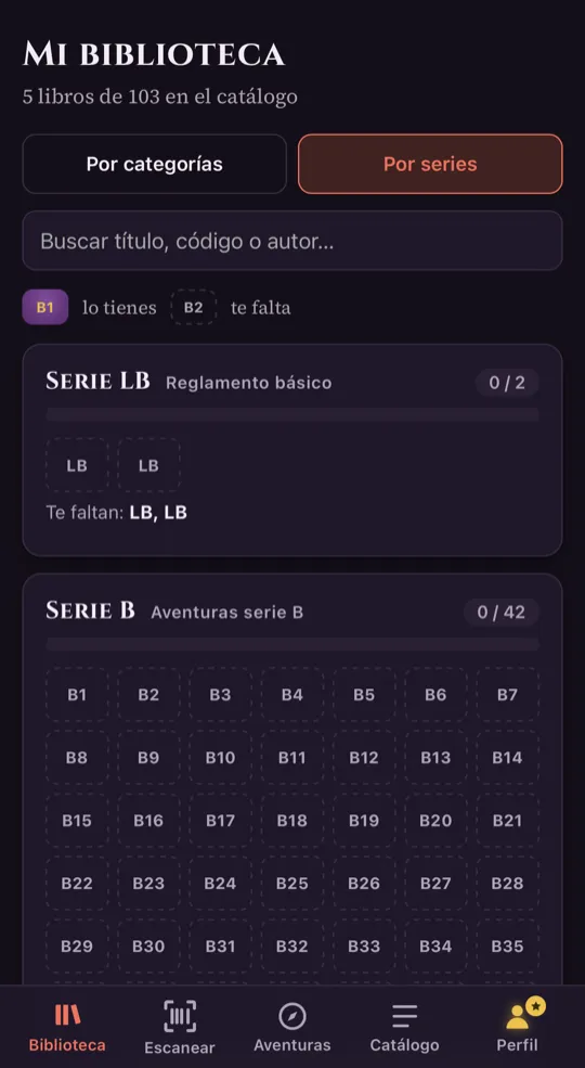 Escriba de la Marca: biblioteca por series con los huecos de cada serie